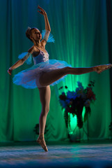 Young girl ballerina in a light blue dress tutu dancing performance of a ballet on stage in a theater © Kozlik_mozlik