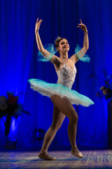 Young girl ballerina in a light blue dress tutu dancing performance of a ballet on stage in a theater © Kozlik_mozlik