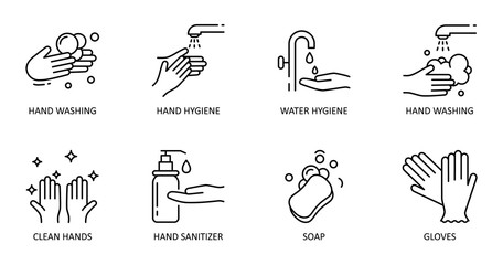 Hygiene hand washing. Vector set of dessert icons. Editable Stroke. Wash hands with soap and water, antiseptic, gloves.
