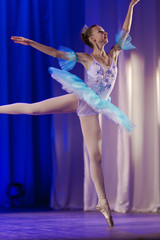 Young girl ballerina in a light blue dress tutu dancing performance of a ballet on stage in a theater © Kozlik_mozlik