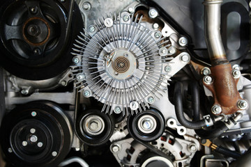 Fototapeta na wymiar Automotive parts background, Engine Cooling Fan Clutch and bracket fan car engine setting on engine car background