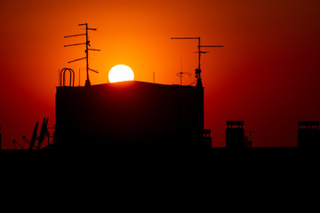 Beautiful colorful sky above rooftops in Belgrade, Serbia