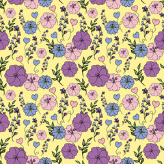 Seamless pattern doodle flowers on a yellow background. vector illustration