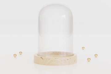 Empty glass dome with wooden tray on white background with golden beads. Best for product presentation. 3D rendering. © Whitebarbie