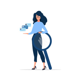 Girl in glasses. Recruitment and Recruitment Specialist. The concept of finding people to work, view vacancies and resumes. Isolated. Vector.