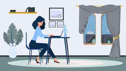 Girl in glasses sits at a table in the office. Girl works on a laptop. The concept of finding people to work, view vacancies and resumes. Vector.