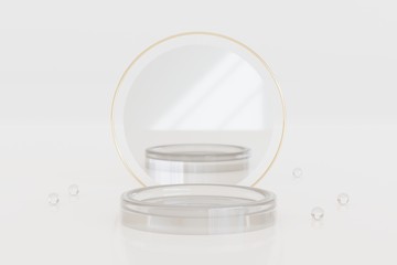 Glass tray with mirror and transparent glass beads on white background. 3D rendering.