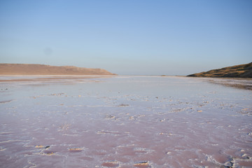 the shore of a salty pink lake at sunset