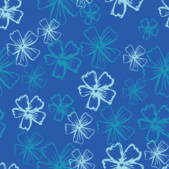 Seamless vector pattern with small light blue Vinca Minor flowers on a classic blue background. Perfect for textile, wallpaper, gift wrapping, and scrapbooking projects