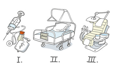Illustration of useful medical things, like a medical syringe, a hospital bed and a dentist chair, in named layers