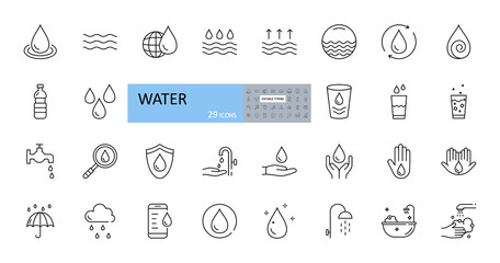 Vector set of water icons. Editable Stroke. A drop of water, on a globe, from a faucet, smartphone, glass, magnifier, washing hands, shower