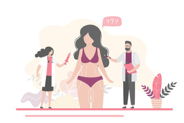 Plastic surgery or liposuction. Tummy tuck concept banner. Doctors  and woman patient.