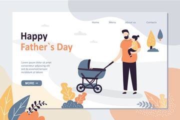  Handsome Daddy rolls baby carriage and holding preschool kid on hand. Funny tiny people.