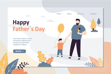 Happy father day landing page template. Dad spends time with son. Family activities concept.