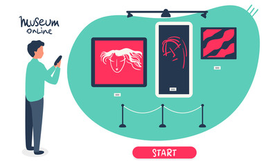 Naklejka premium man holds phone, visit online museum, gallery, watches paintings. Interactive museum exhibition. smatphone. Virtual Museum online, Art GalleryTours in Smartphone. Online Tours. Vector flat concept
