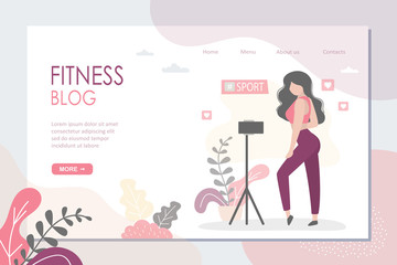 Fitness blog landing page template. Athletic girl makes blog about healthy and sport lifestyle.