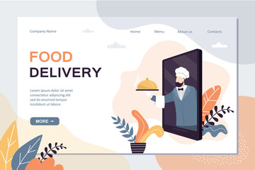 Food delivery landing page template. Order and delivery of food from restaurant or cafe.