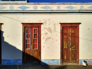 Traditional scene of colorful colonial house with red doors and cat. North of La Palma Island....