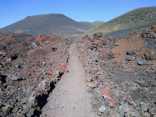 Way through volcanic landscape in Fuencaliente. South of La Palma Island. Canary Islands. Spain.