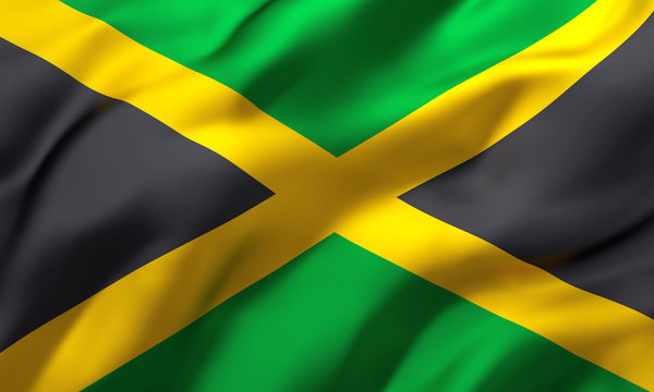 Flag of Jamaica blowing in the wind. Full page Jamaican flying flag. 3D illustration.