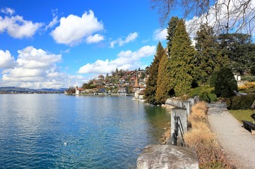 Oberhofen am Thunersee. The town is located on the northern shore of Lake Thun. Switzerland, Europe.