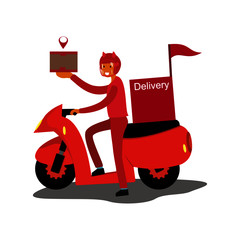 Man riding a motorcycle delivery service on white background.