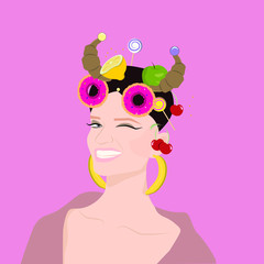 glamour illustration portrait of woman with fruits on her head