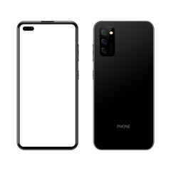 Black realistic modern smartphone, front and back view on isolated background, vector illustration