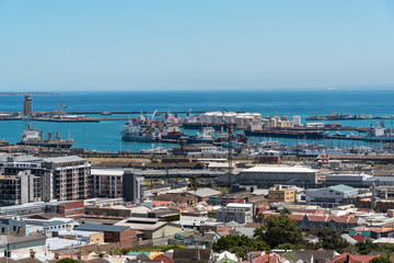 Naklejka na ściany i meble Cape Town, South Africa. 2019. An overview of Cape Town Harbour, port, housing and industrial property on the foreshore.