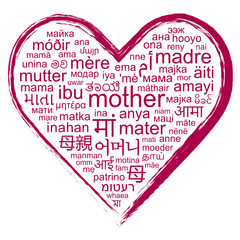 Heart shaped word cloud for mother's day in different languages.