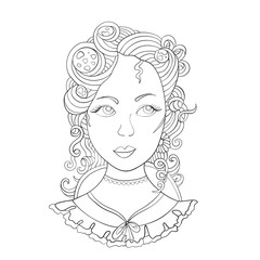 Fashionable space girl. Starry sky, planets, galaxy. Coloring book. Vector illustration