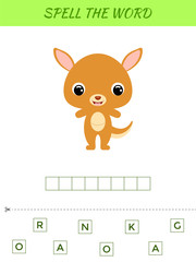 Spelling word scramble game template. Educational activity for preschool years kids and toddlers with cute kangaroo. Flat vector stock illustration.