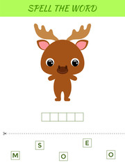 Spelling word scramble game template. Educational activity for preschool years kids and toddlers with cute moose. Flat vector stock illustration.
