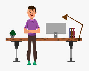 casual boy cartoon character stands near his table or workplace