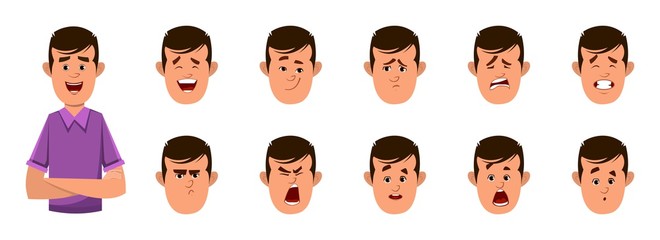 casual boy cartoon character with different facial expression set.  different facial emotions for custom animation