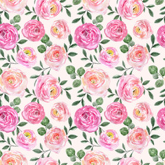 Fototapeta na wymiar Soft and colorful flowers seamless pattern in retro shabby chic style. Floral botanical texture, designer paper with hand drawn pink flower, green leaves and foliage on pastel pink background.