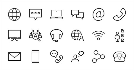 Simple Set of Communication Vector Line Icons. Contains such Icons as Globe, Chat Bubbles, Laptop, Mail, Monitor, Smartphone, Headphones, Wi-Fi, Phone, Share and more. Editable Stroke. 48x48 pixels.