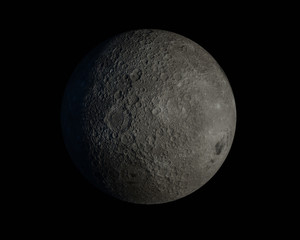Full moon on black night sky background, with craters and surface details visible, map provided by nasa