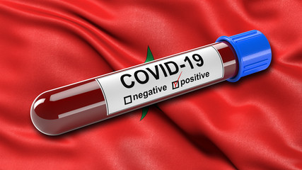 Obraz premium Flag of Morocco waving in the wind with a positive Covid-19 blood test tube. 3D illustration concept for blood testing for diagnosis of the new Corona virus.