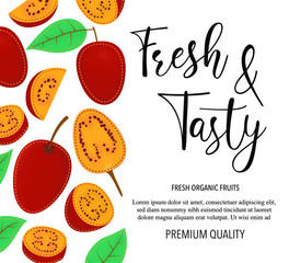 Vector background with tamarillo, whole and pieces. Vector stock illustration isolated on white background. Card design with fruits. Product information and lettering Fresh and Tasty