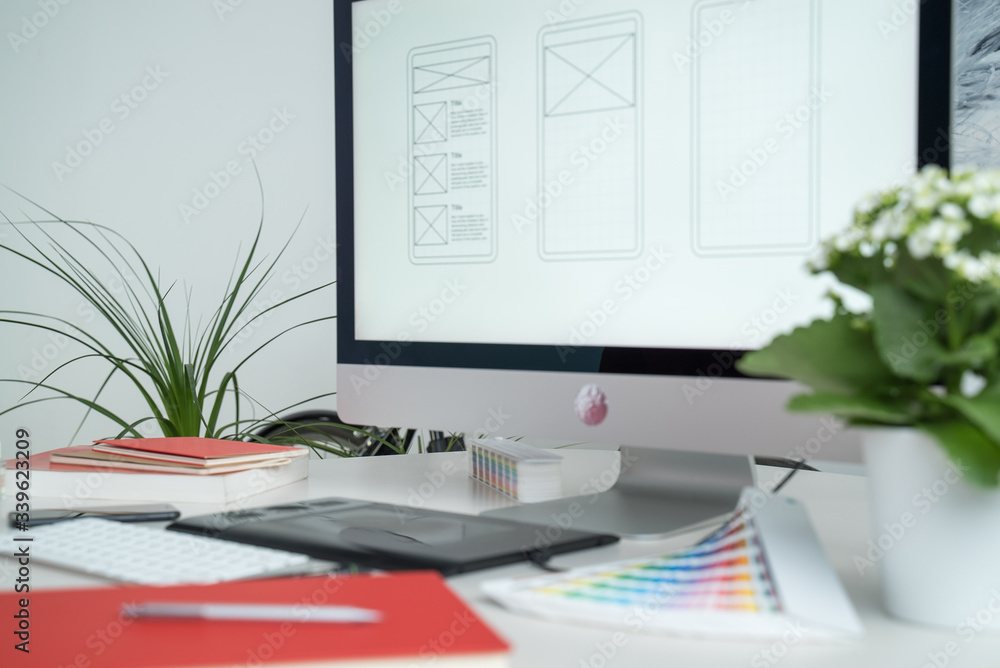 Poster web designer at work. graphic designer. mobile application design. designer desktop. ux, ui design. 