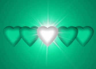 Fondo iluminado con corazones, blanco y verde. Esperanzas. Ilustración. 