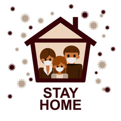 Obraz na płótnie Canvas Stay home banner template. Family sitting home during the quarantine or self-isolation. Health care concept. Fears of getting coronavirus. Global viral epidemic or pandemic. Flat vector illustration