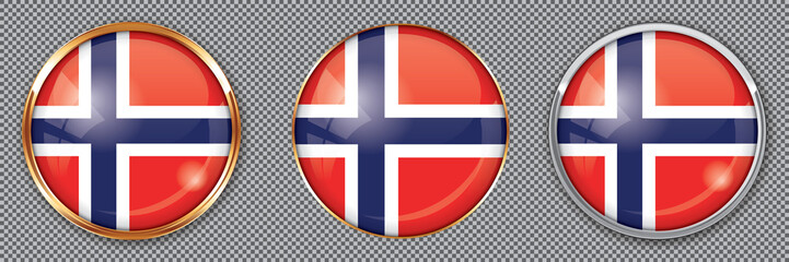 Round buttons with flag of Norway on transparent background