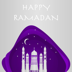 Vector Ramadan Kareem card. Vintage paper banner with mosque, moon, stars, sun and cloud for holy Ramadan wishing. Arabic decor in Eastern style. Islamic muslim background.