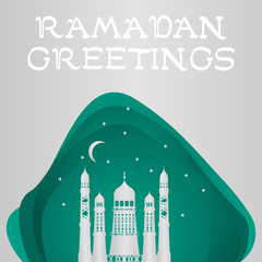 Vector Ramadan Kareem card. Vintage paper banner with mosque, moon, stars, sun and cloud for holy Ramadan wishing. Arabic decor in Eastern style. Islamic muslim background.