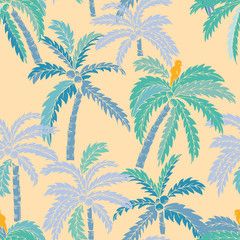Fototapeta na wymiar vector turquoise and blue hand draw palm trees on orange background seamless pattern. Perfect for summer background, beachwear, gift wrapping, scrapbooking, fabric