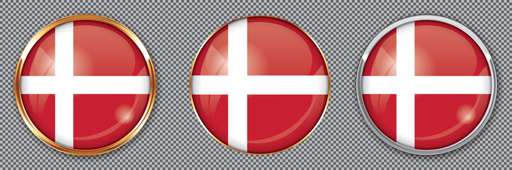 Round buttons with flag of Denmark on transparent background