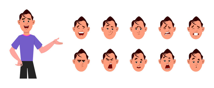 footballer cartoon character with different facial expression set.  different facial emotions for custom animation