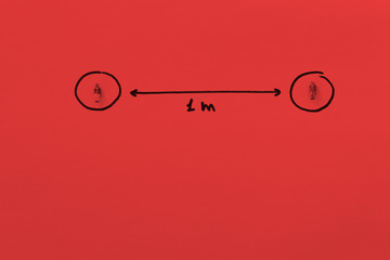 Social distancing concept with two miniature people divided by a row and 1 meter. Measure to prevent Coronavirus COVID-19 diffusion, 1 meter distance to keep between tow people during pandemic